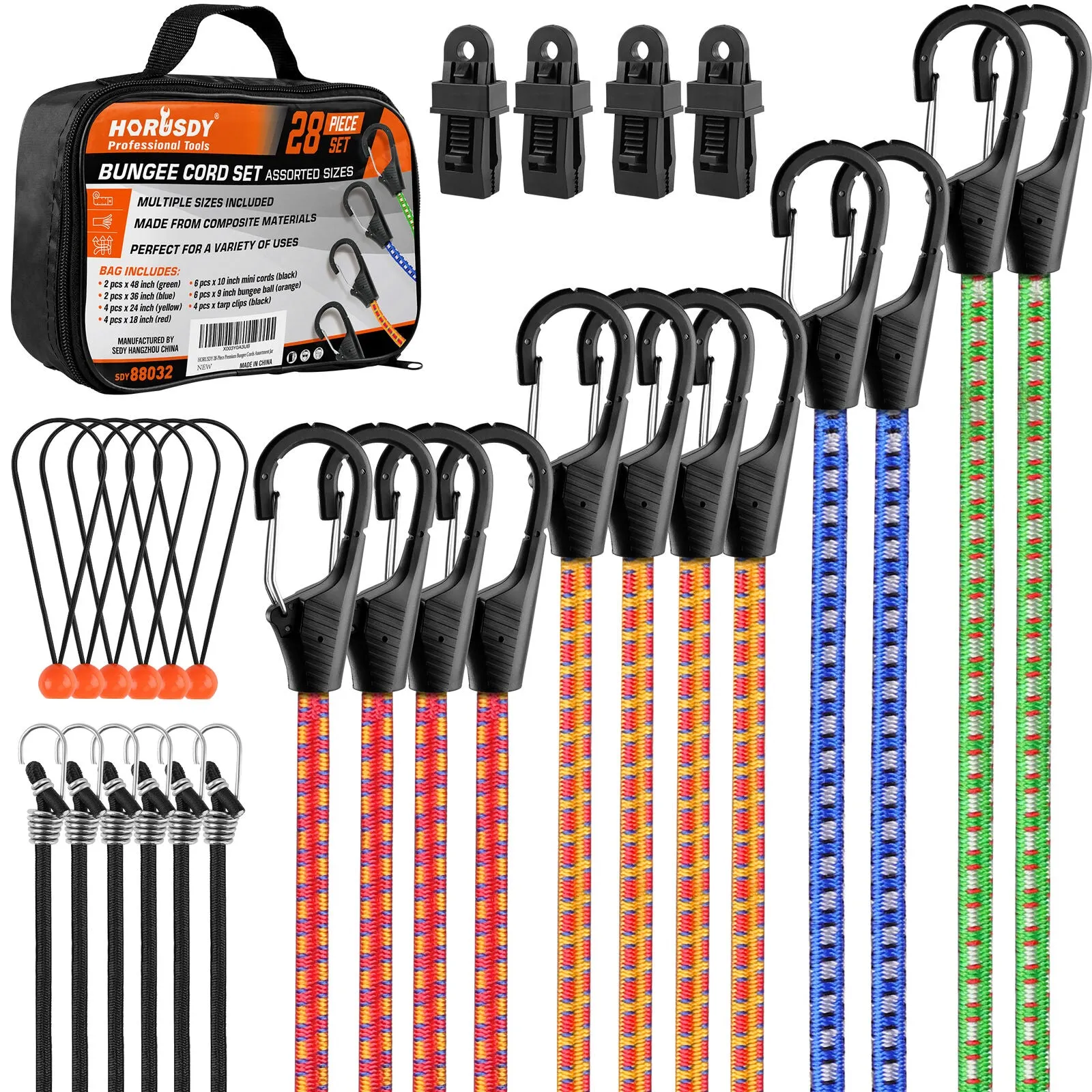 28Pc Bungee Cord Set Outdoor Tarp Clips Canopy Ties & Ball Bungees Organizer Bag