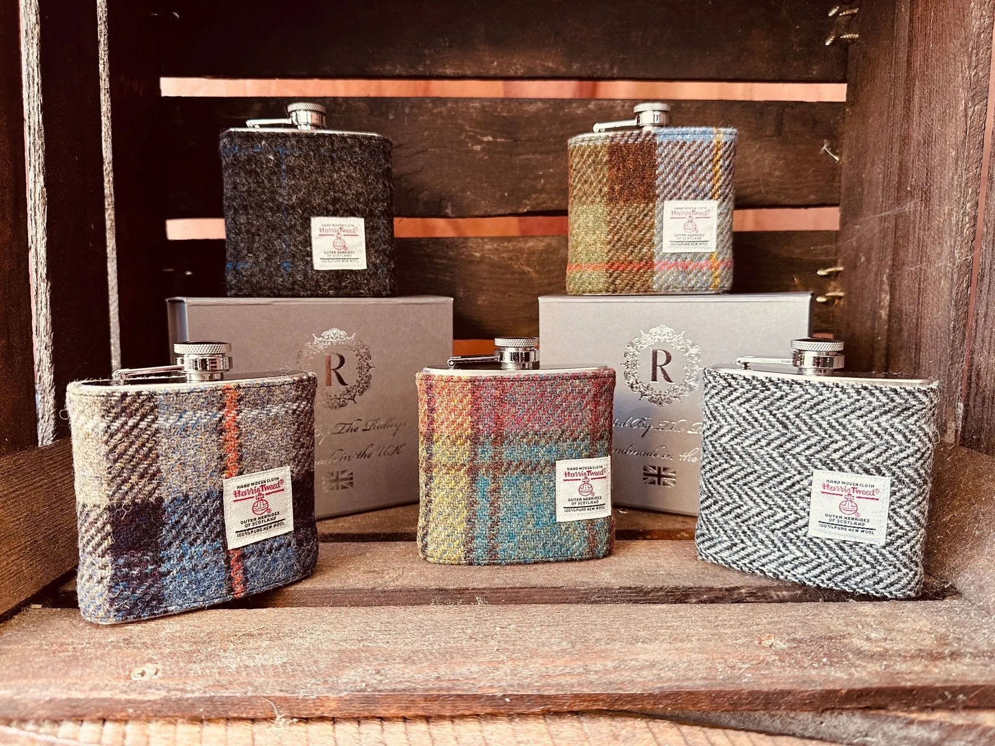 6oz Harris Tweed Hip Flask -Black Herringbone  - by Created by the Ridleys