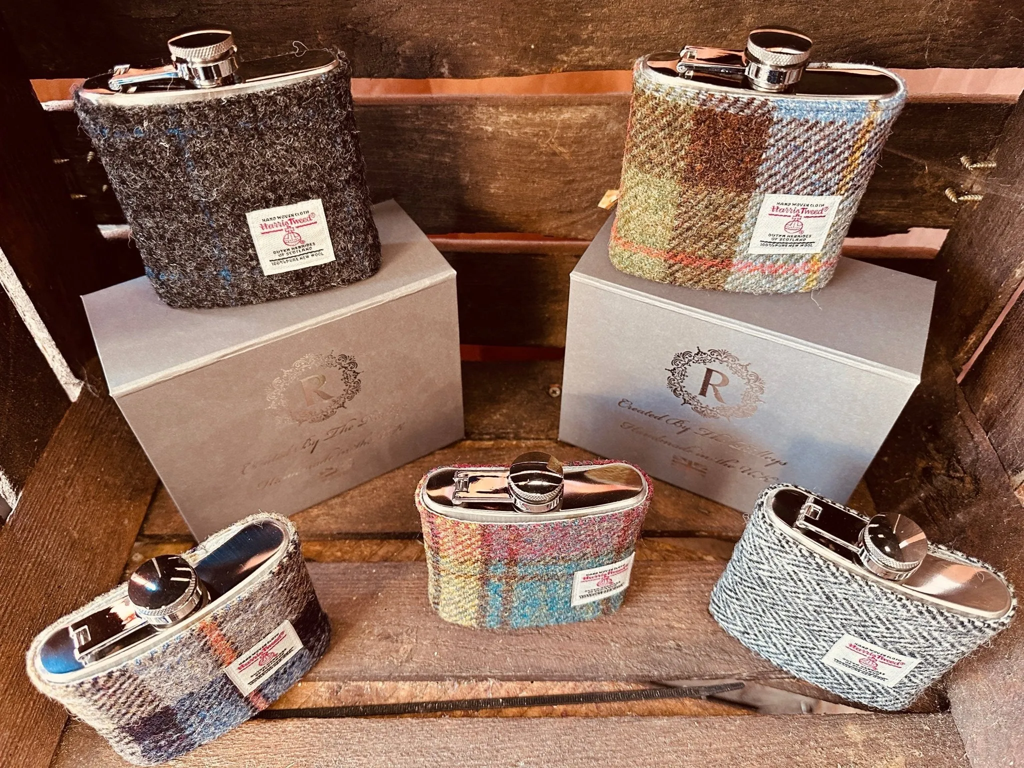 6oz Harris Tweed Hip Flask -Black Herringbone  - by Created by the Ridleys