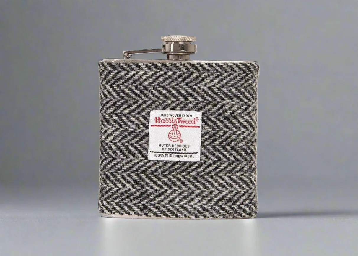 6oz Harris Tweed Hip Flask -Black Herringbone  - by Created by the Ridleys