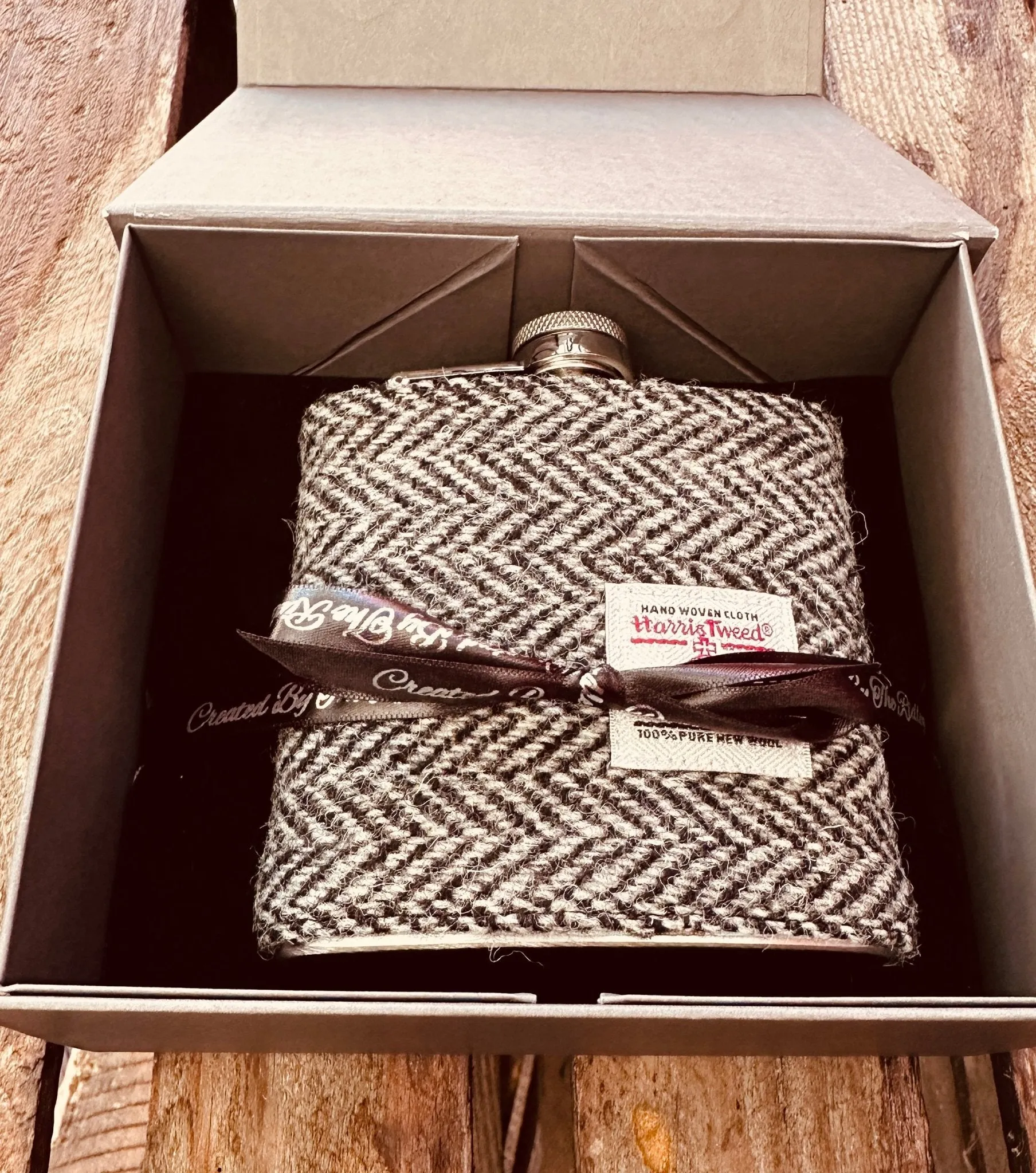 6oz Harris Tweed Hip Flask -Black Herringbone  - by Created by the Ridleys