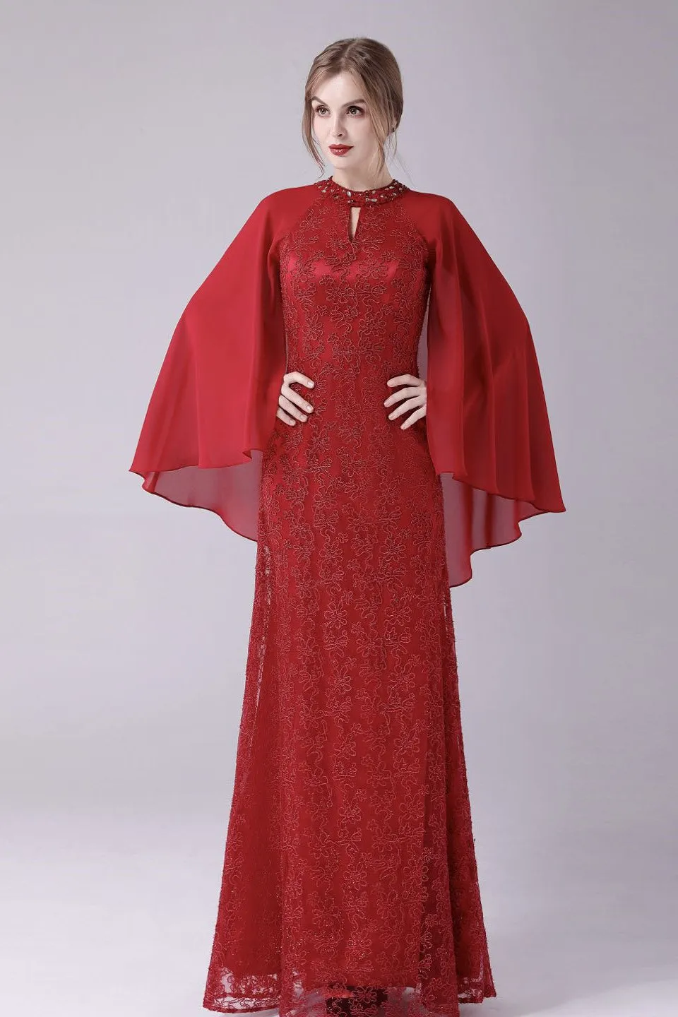 A-Line ankle-length high collar beaded mother's dress