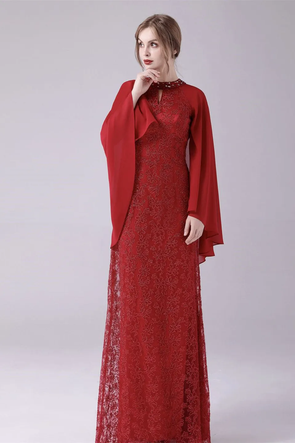 A-Line ankle-length high collar beaded mother's dress