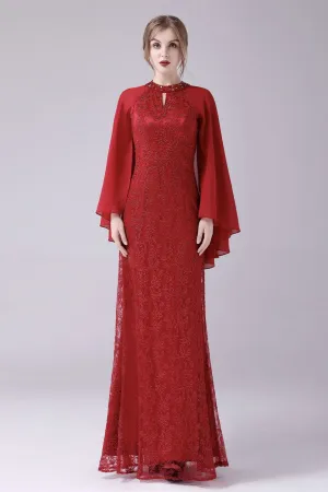A-Line ankle-length high collar beaded mother's dress