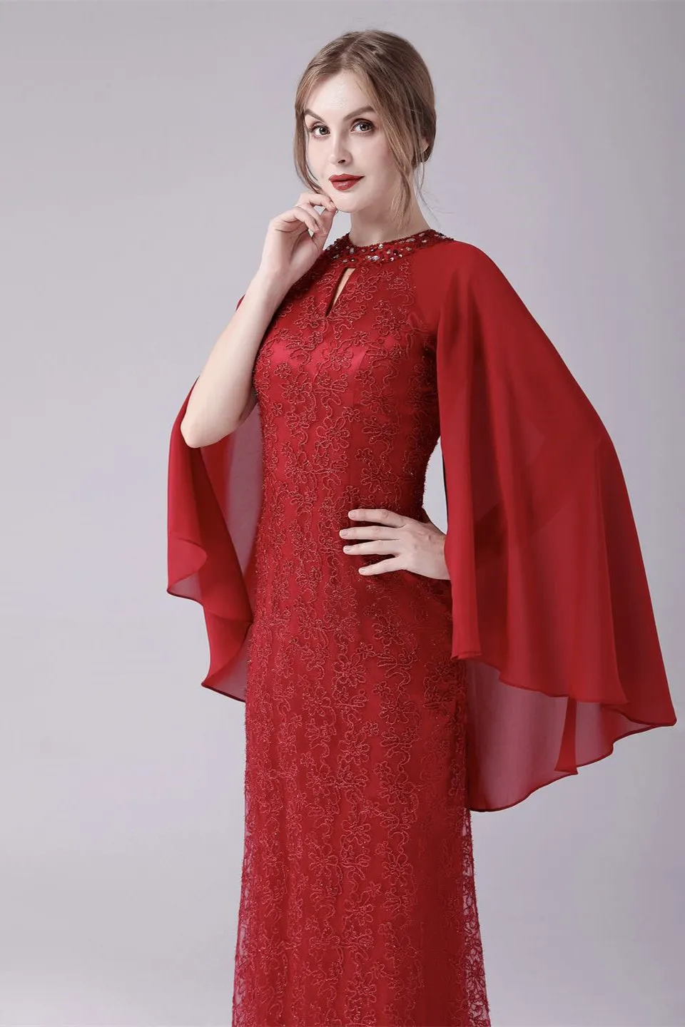 A-Line ankle-length high collar beaded mother's dress