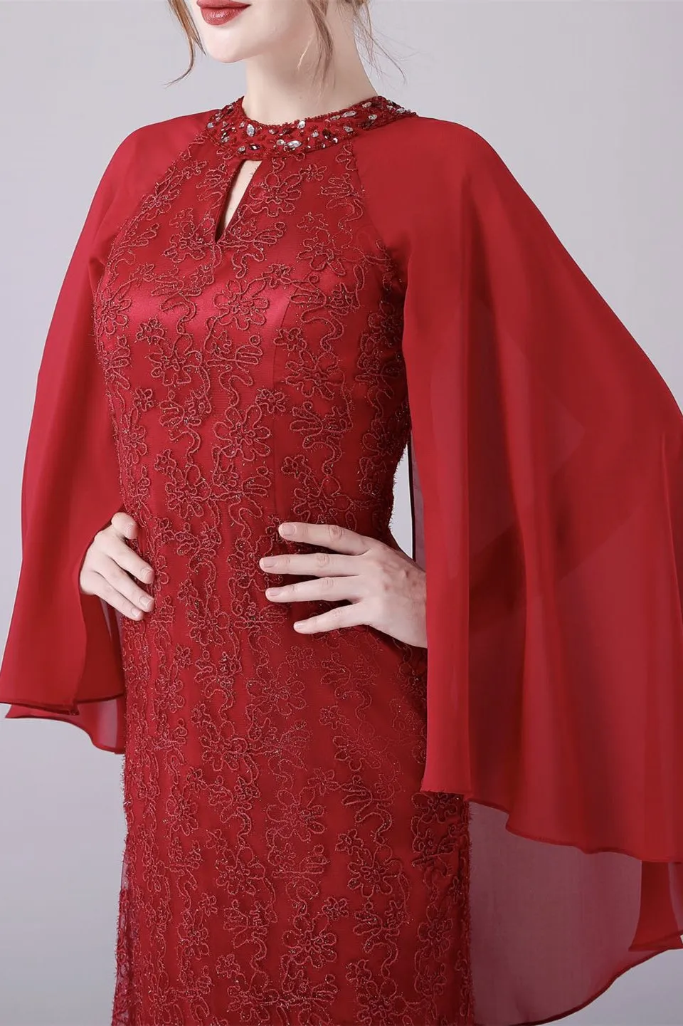 A-Line ankle-length high collar beaded mother's dress