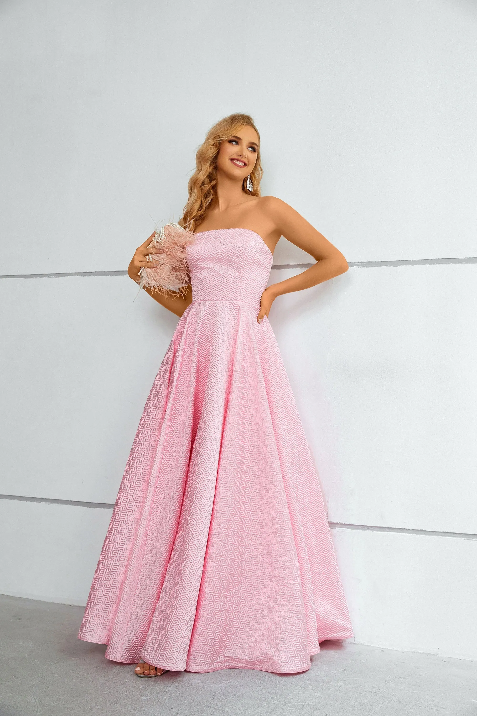 A-line Strapless Floor-length Sleeveless Open Back Modest Prom Dress
