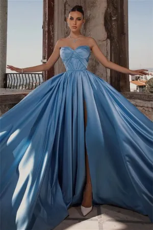 A-line Strapless High Split Floor-length Sleeveless Backless Prom Dress