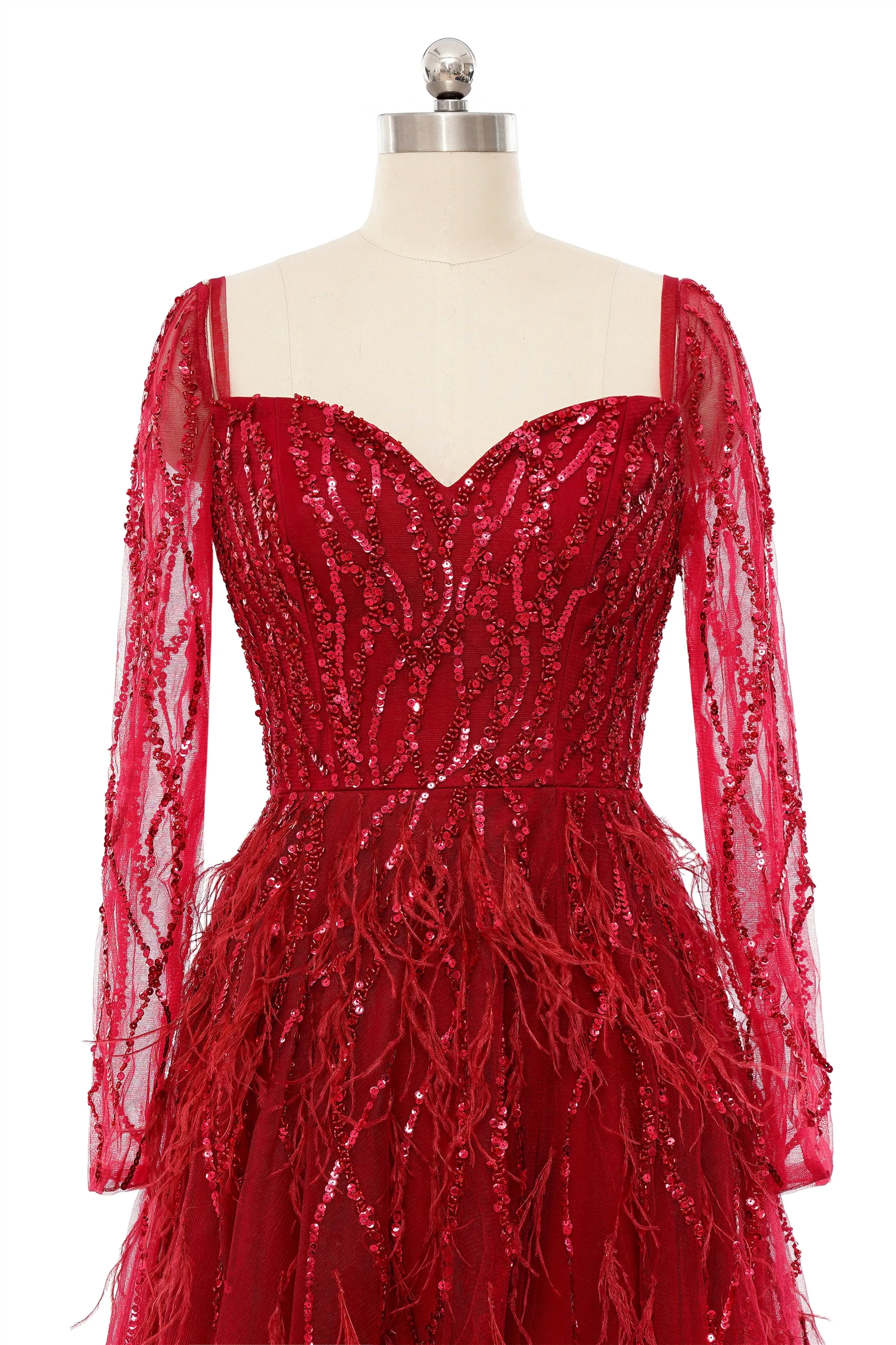 A-Line Sweetheart Sequined Tulle Floor-length Long Sleeve Open Back Beading Elegant Prom Dress