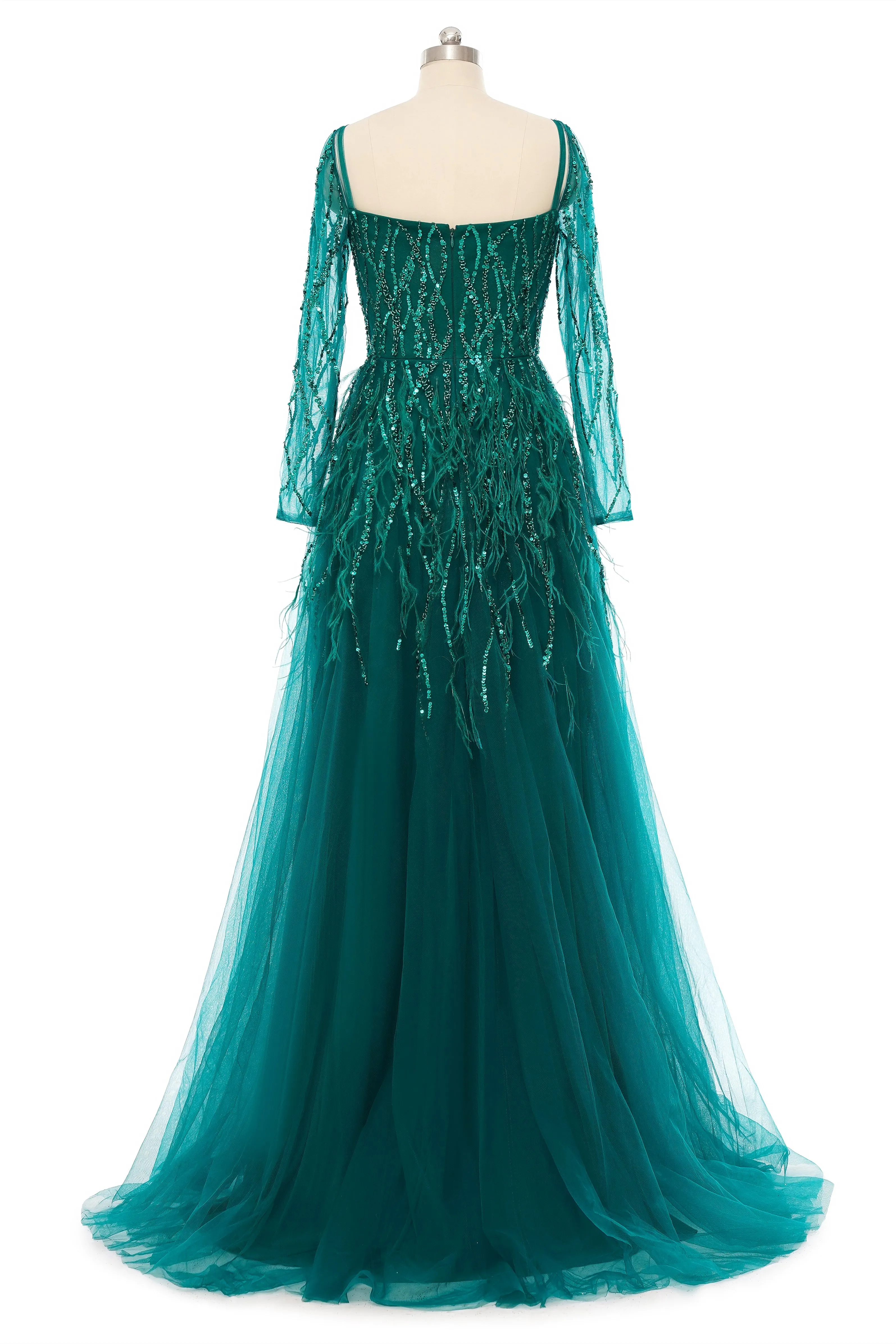 A-Line Sweetheart Sequined Tulle Floor-length Long Sleeve Open Back Beading Elegant Prom Dress