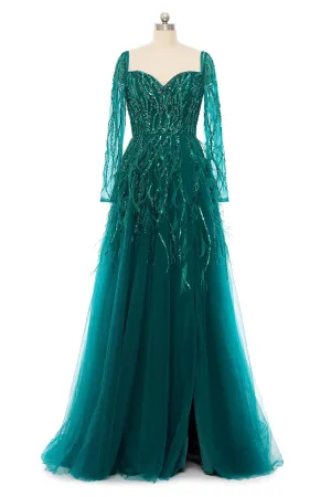 A-Line Sweetheart Sequined Tulle Floor-length Long Sleeve Open Back Beading Elegant Prom Dress