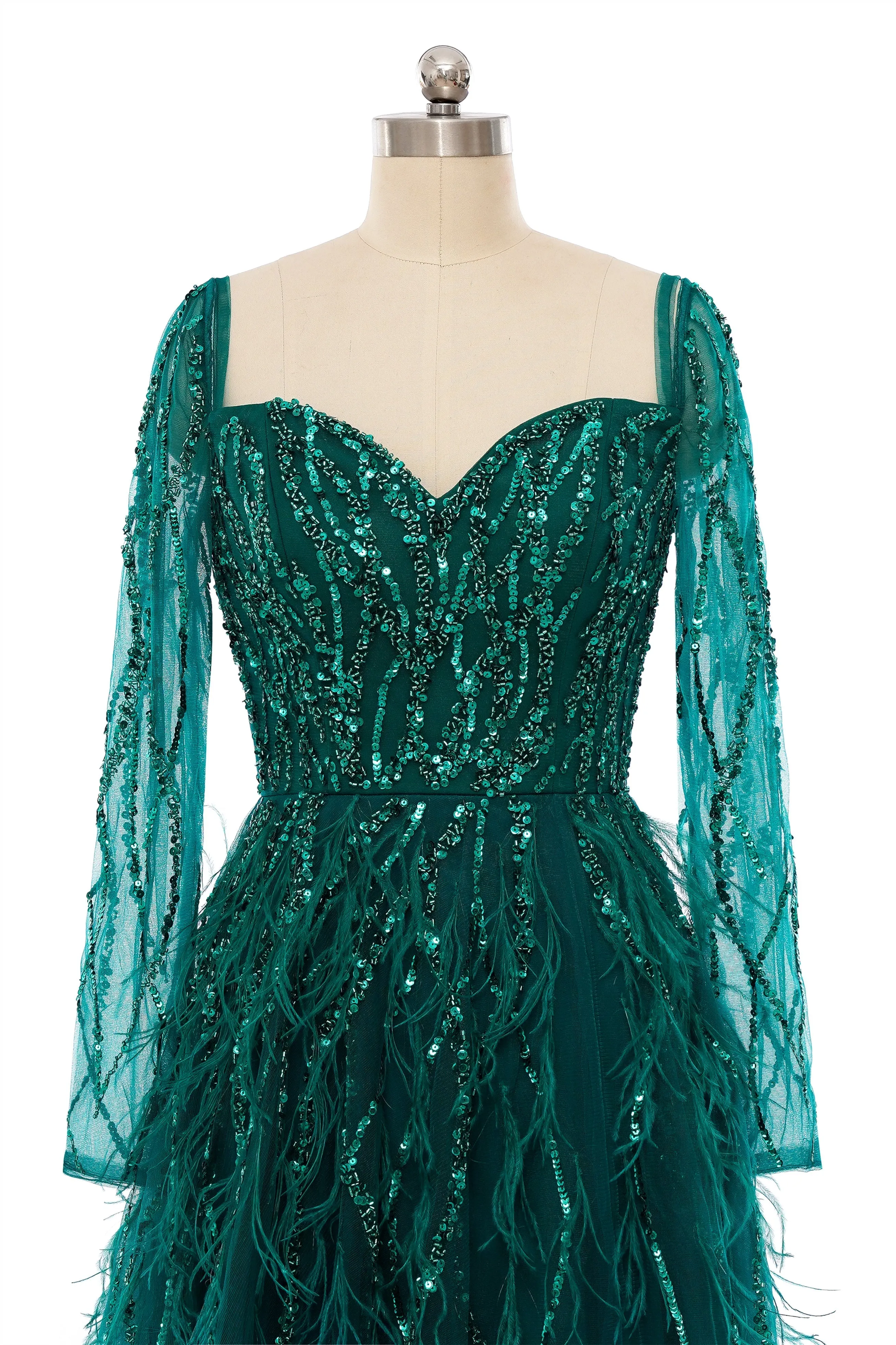 A-Line Sweetheart Sequined Tulle Floor-length Long Sleeve Open Back Beading Elegant Prom Dress