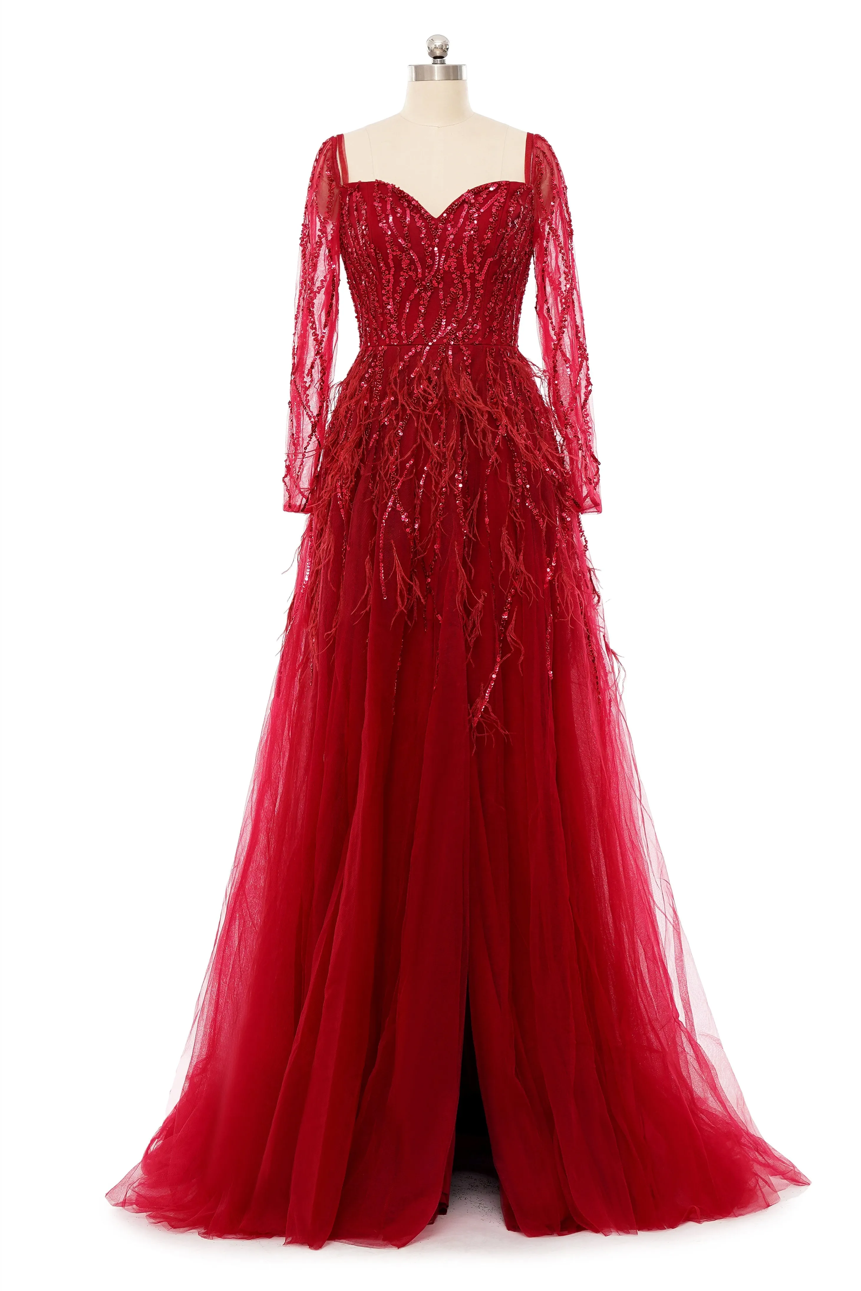 A-Line Sweetheart Sequined Tulle Floor-length Long Sleeve Open Back Beading Elegant Prom Dress