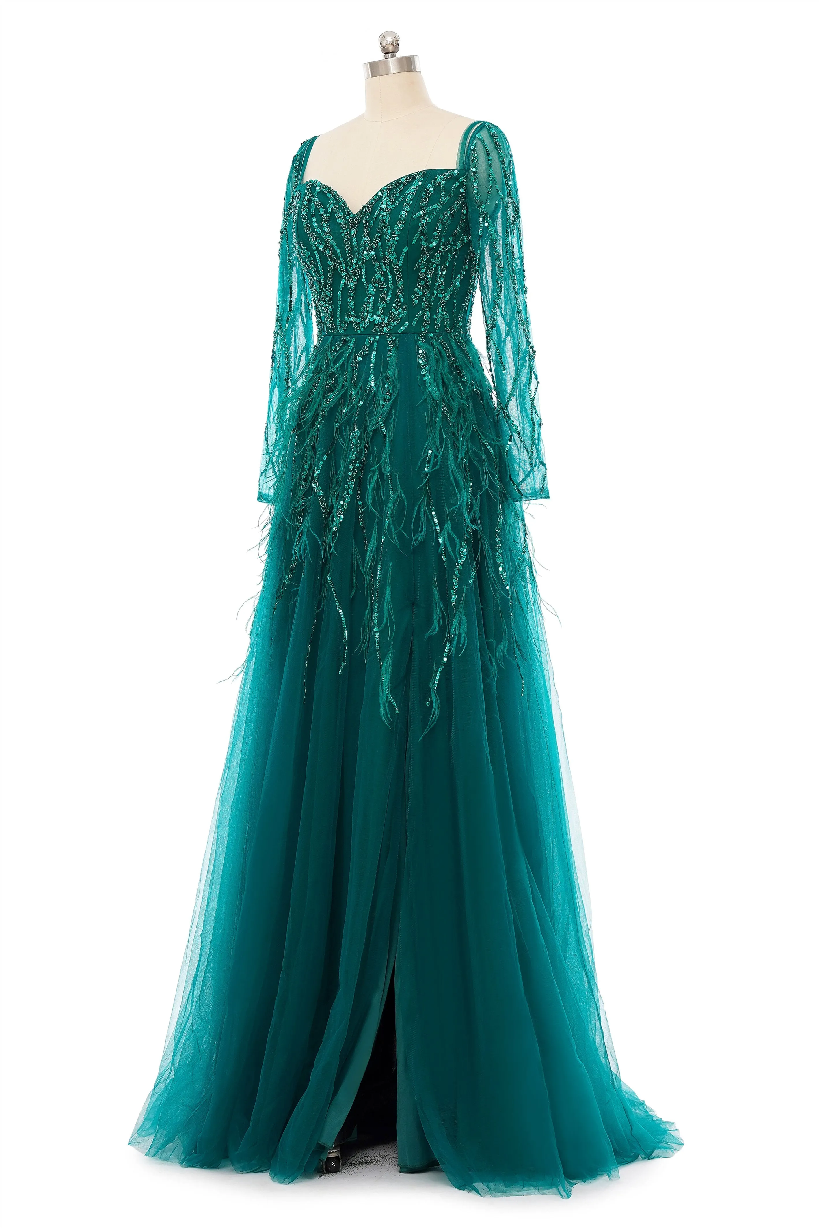 A-Line Sweetheart Sequined Tulle Floor-length Long Sleeve Open Back Beading Elegant Prom Dress
