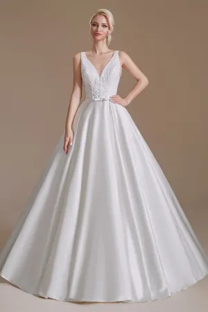 A Line V Neck Floor Length Applique Wedding Dress | Ballbella Design
