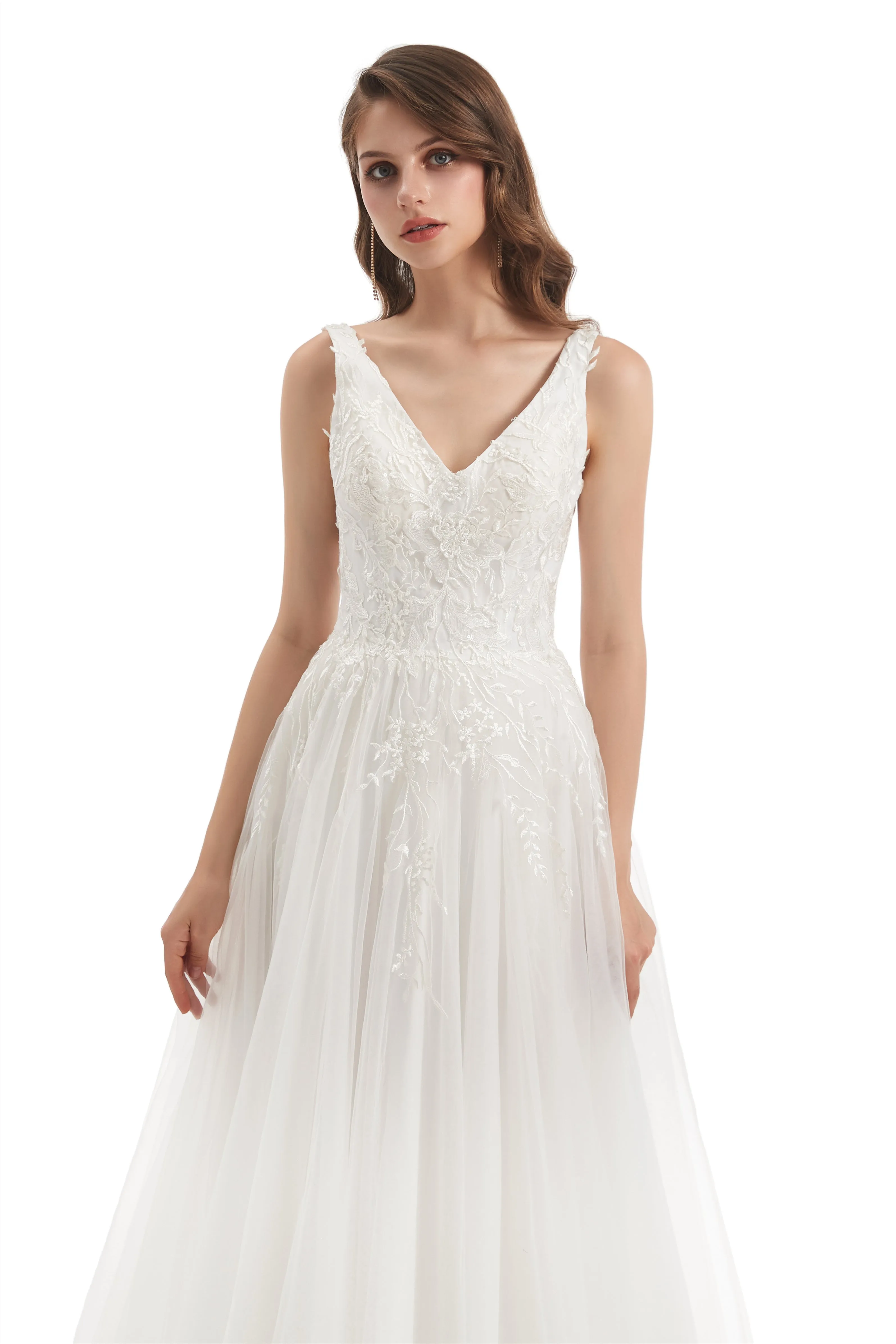 A-line V-neck Floor-length Sleeveless Backless Appliques Lace Wedding Dress