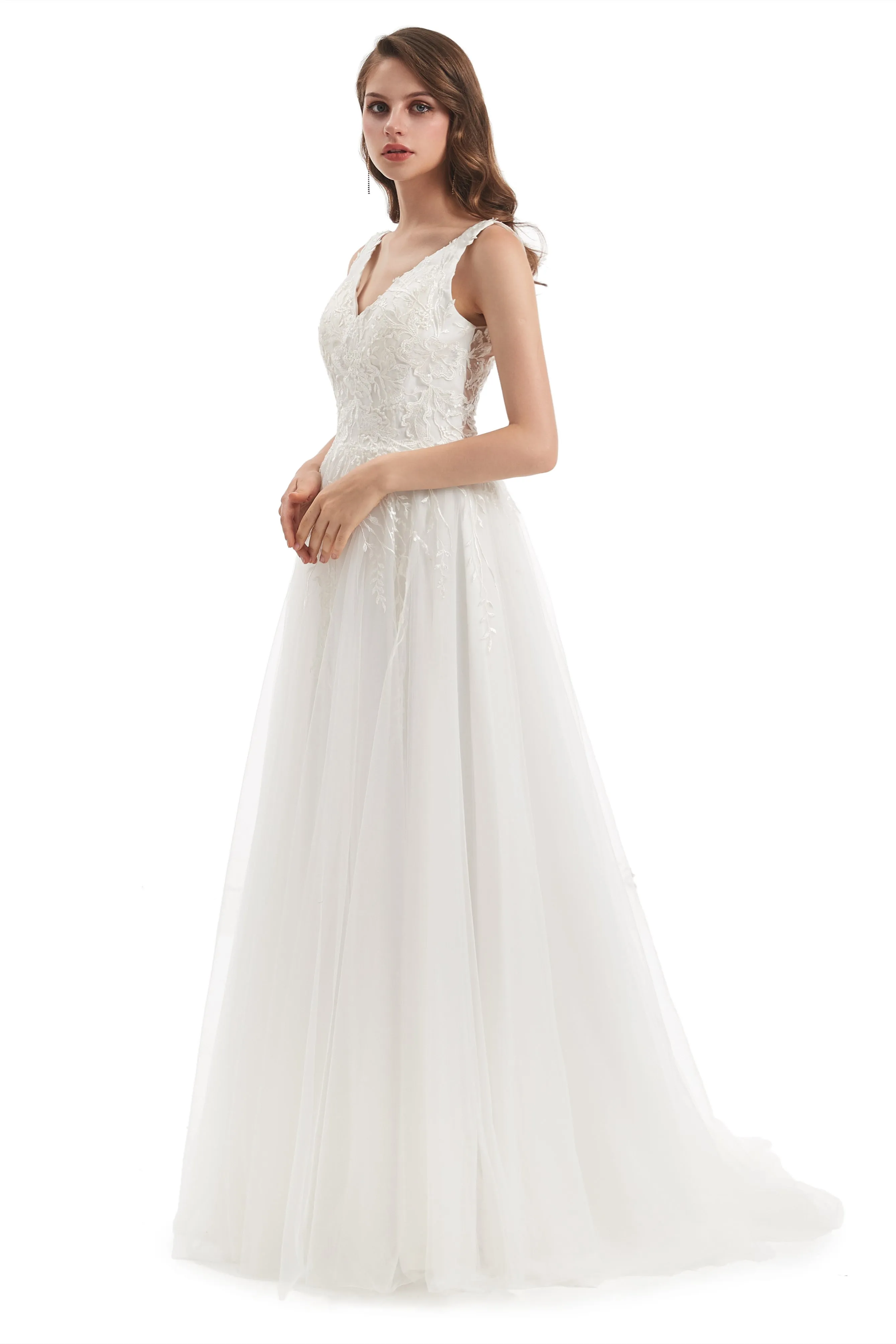 A-line V-neck Floor-length Sleeveless Backless Appliques Lace Wedding Dress