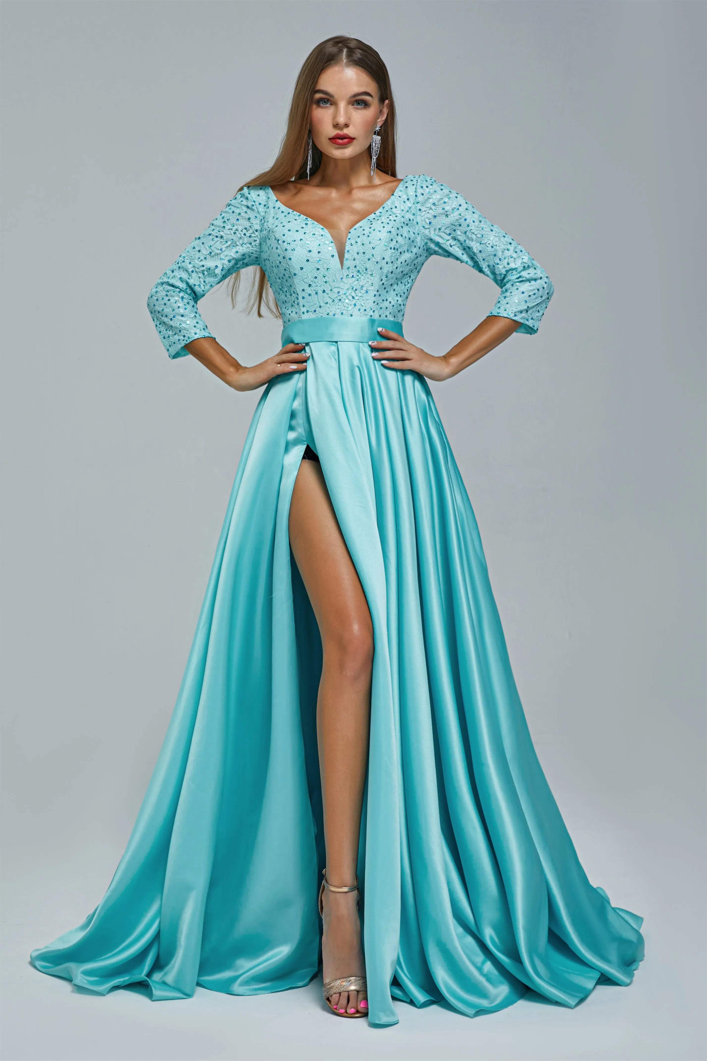 A-line V-neck Long sleeves Floor-length Backless High Split Satin Lace Crystal Detailing Beautiful Prom Dress
