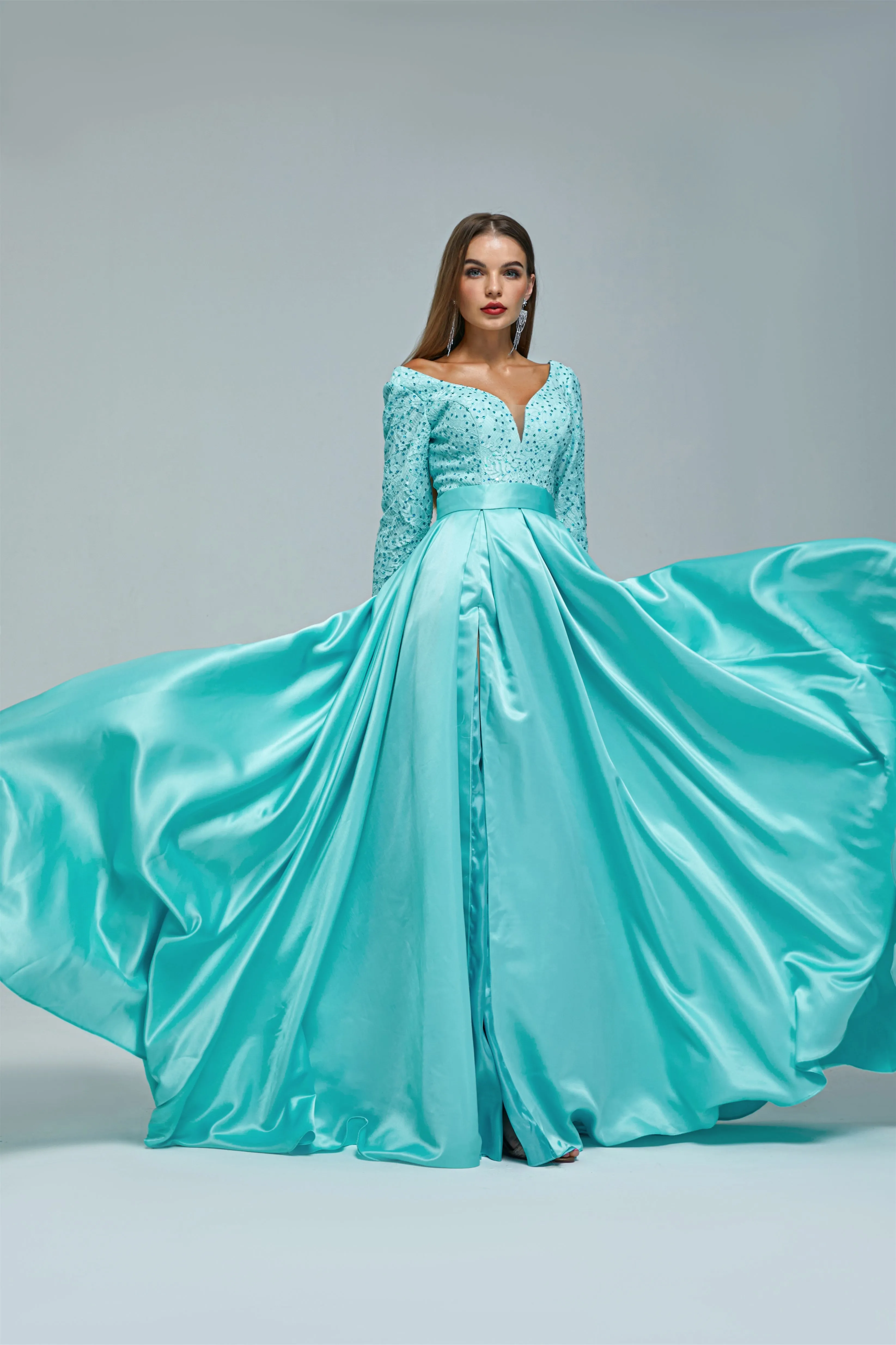 A-line V-neck Long sleeves Floor-length Backless High Split Satin Lace Crystal Detailing Beautiful Prom Dress