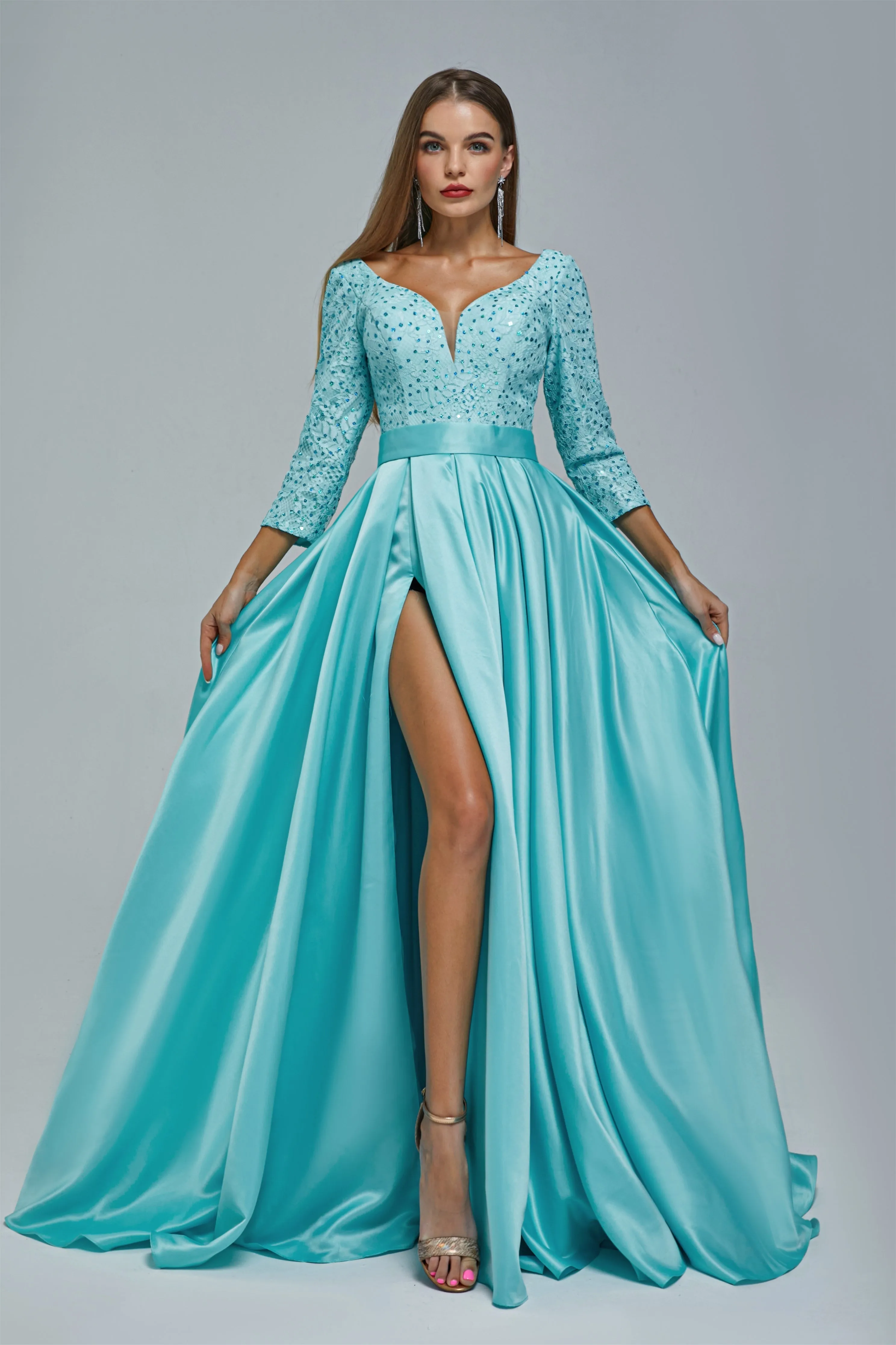 A-line V-neck Long sleeves Floor-length Backless High Split Satin Lace Crystal Detailing Beautiful Prom Dress
