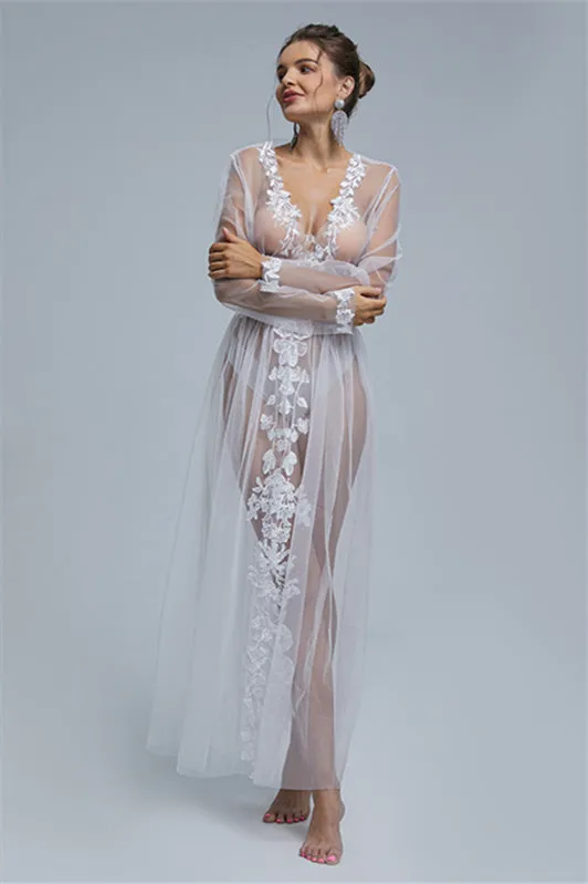 A-line V-neck Tulle Floor-length Long Sleeve Appliques Lace Wedding Dress Cover