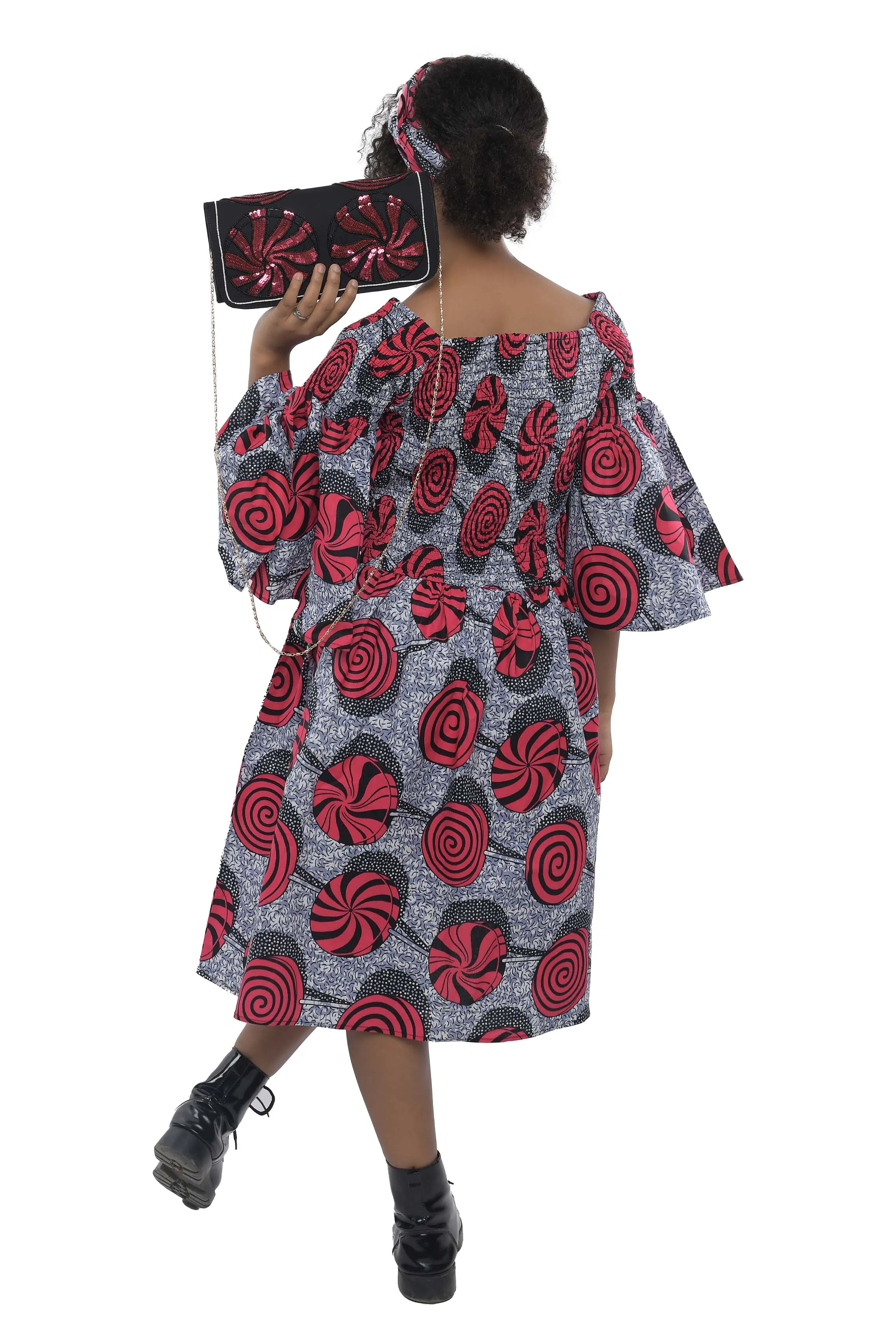 Ankara Short Smocked Dress With Beaded Handbag
