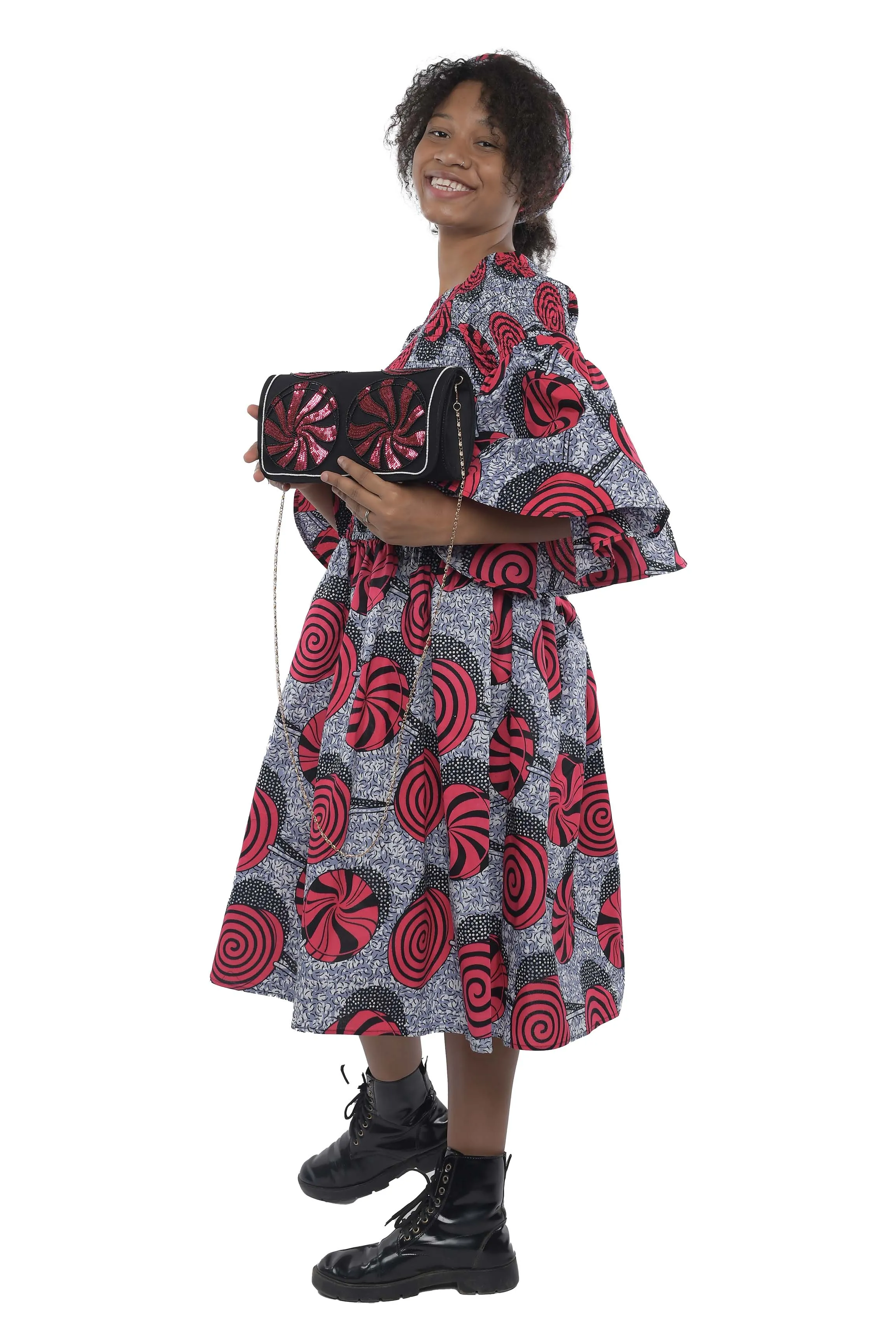 Ankara Short Smocked Dress With Beaded Handbag