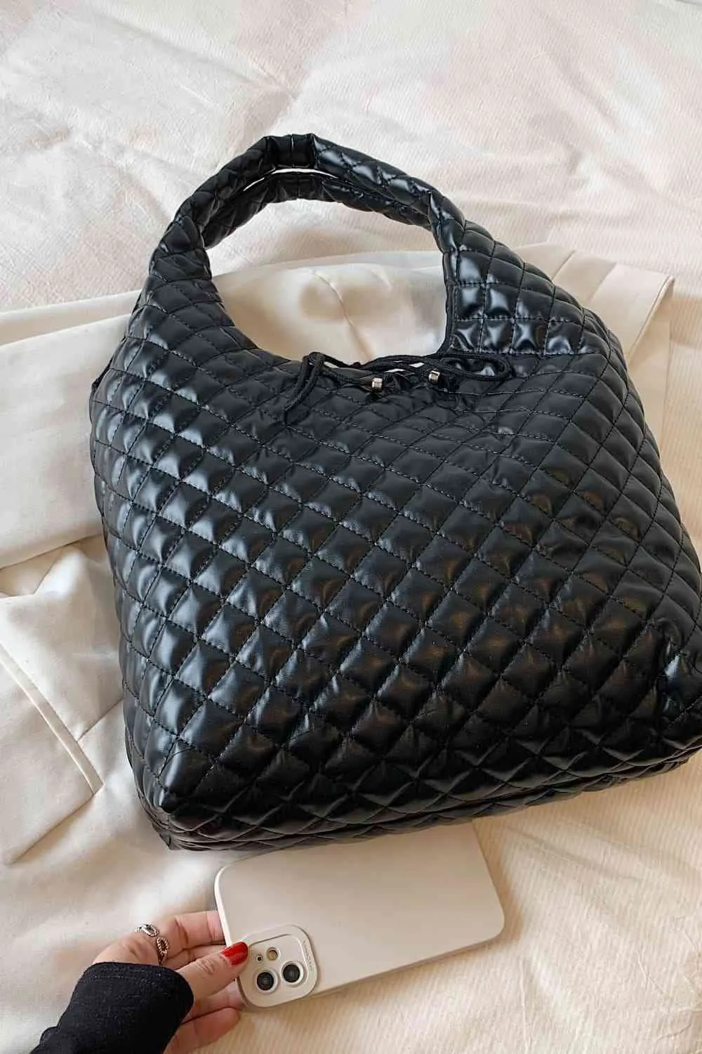 Black Quilted Oversized PU Leather Handbag