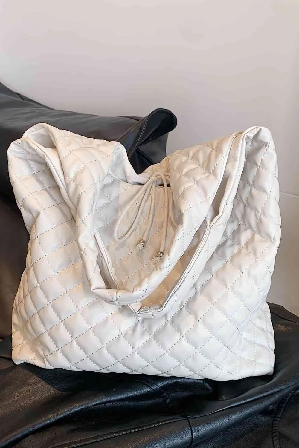 Black Quilted Oversized PU Leather Handbag