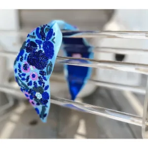 Blue Floral Turban Seed Beaded Headband