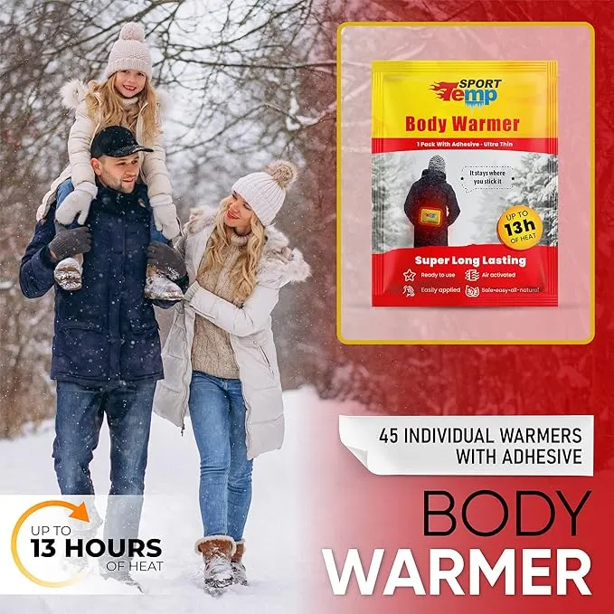 Body Warmers (45 Count) - Up to 13 Hours of Heat, Easily Apply with Adhesive - Ultra Thin, Easy, All Natural - Air Activated, Odorless Hot Body Warmers - Sport Temp