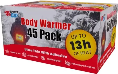 Body Warmers (45 Count) - Up to 13 Hours of Heat, Easily Apply with Adhesive - Ultra Thin, Easy, All Natural - Air Activated, Odorless Hot Body Warmers - Sport Temp