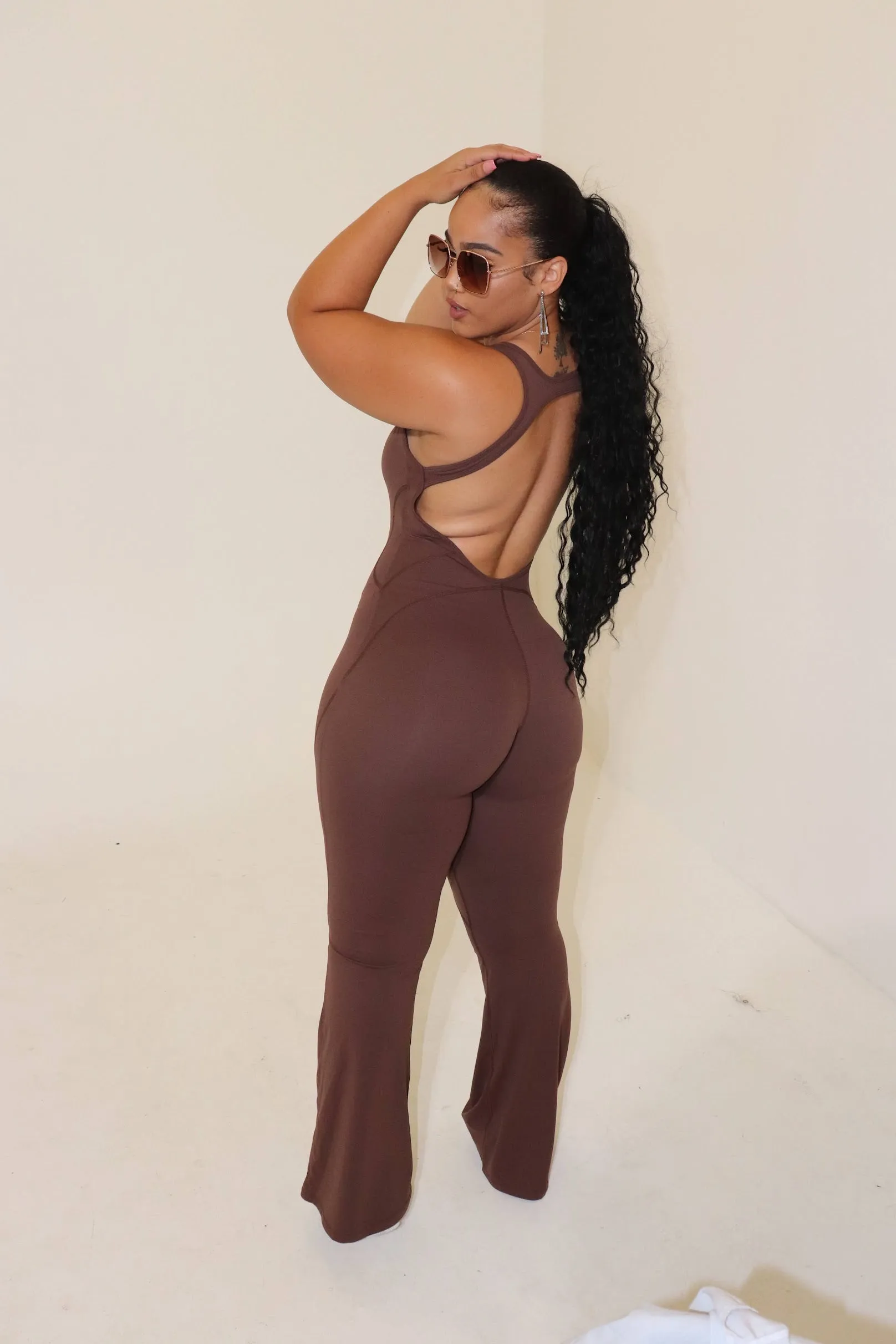 Brown Backless Flare Leg Jumpsuit