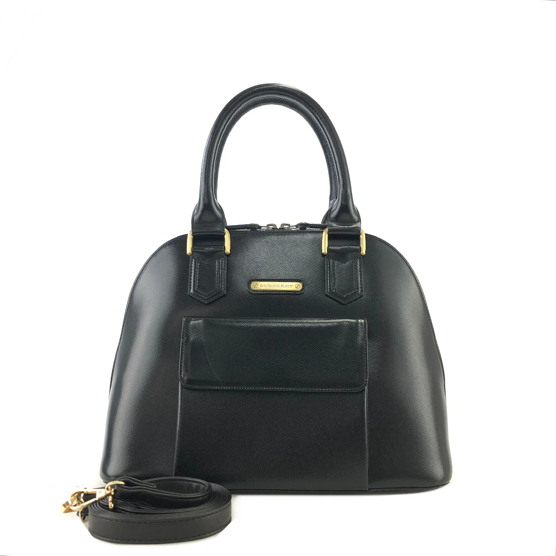 Burberry Classic Check Logo Motif Leather Handbag Black Vintage ut233m