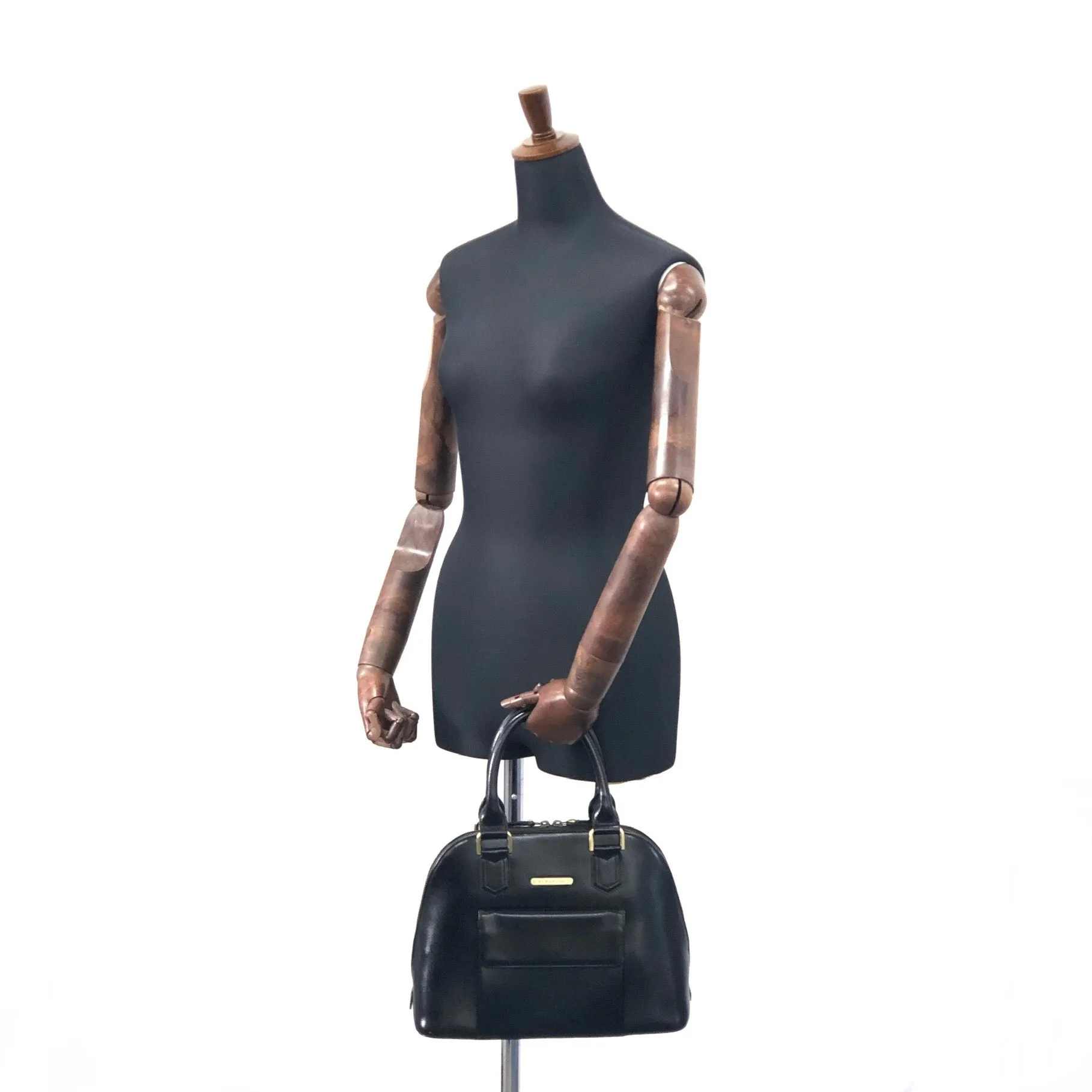 Burberry Classic Check Logo Motif Leather Handbag Black Vintage ut233m