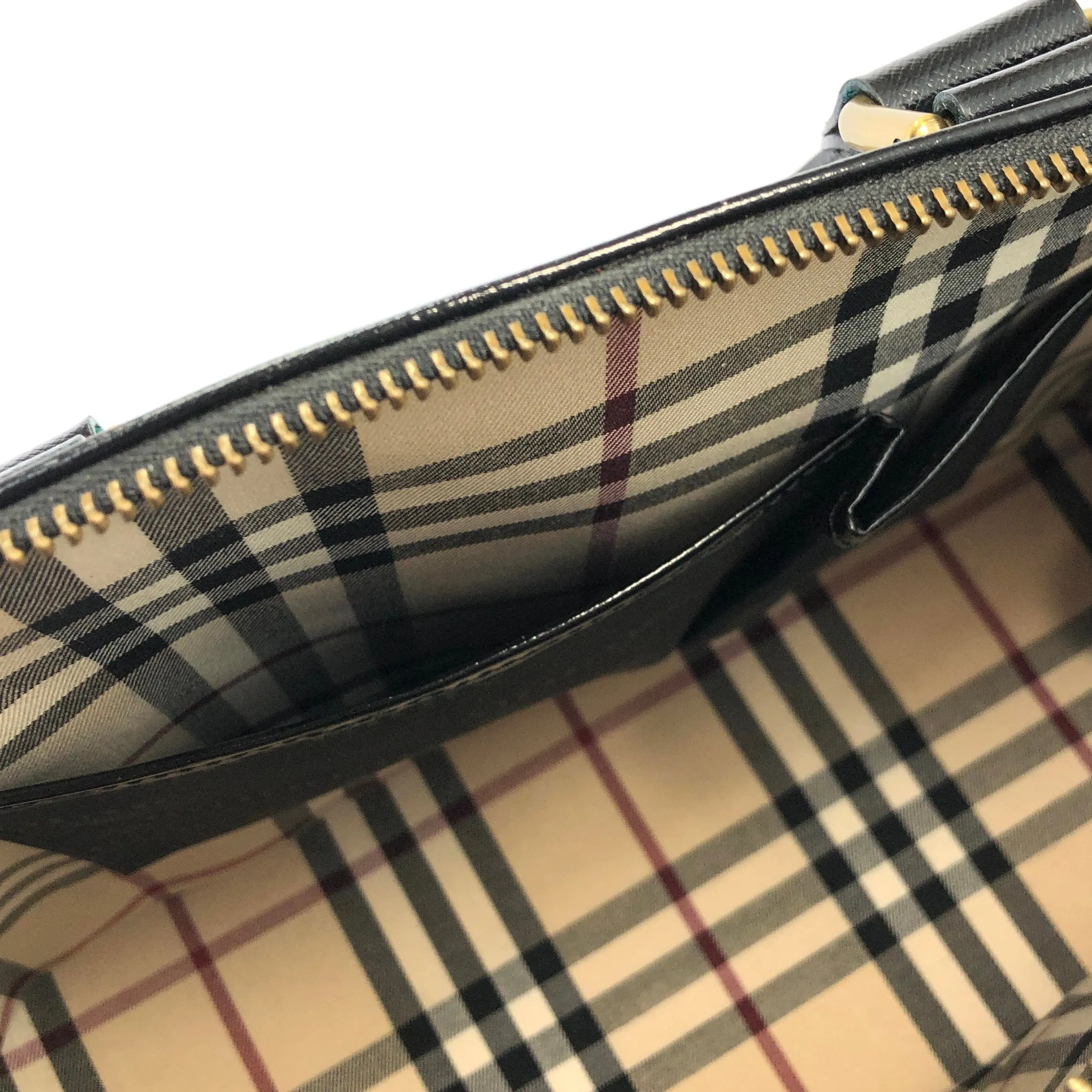 Burberry Classic Check Logo Motif Leather Handbag Black Vintage ut233m