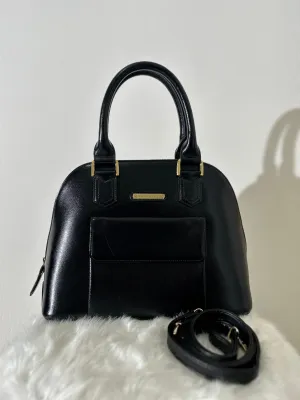 Burberry Classic Check Logo Motif Leather Handbag Black Vintage ut233m