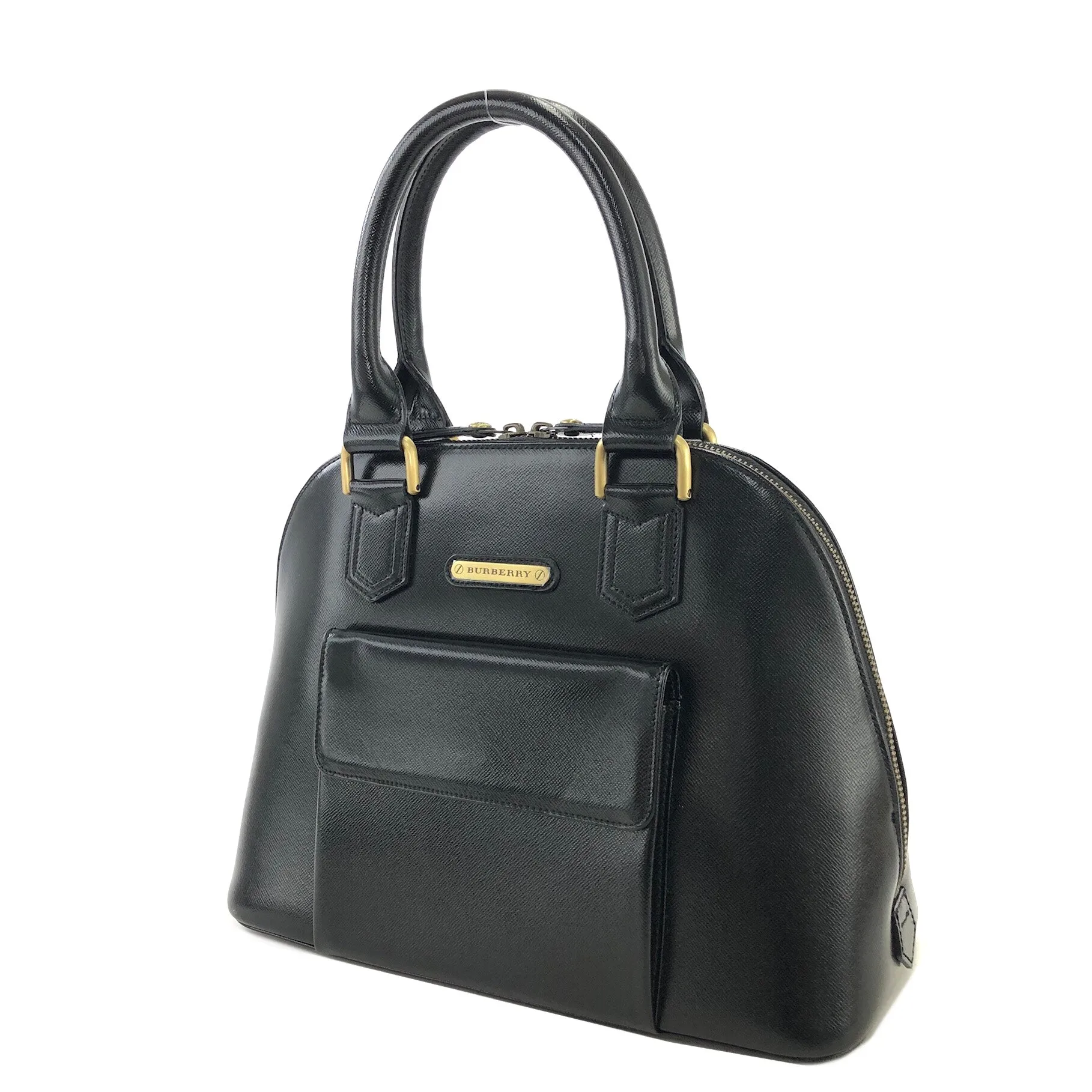Burberry Classic Check Logo Motif Leather Handbag Black Vintage ut233m