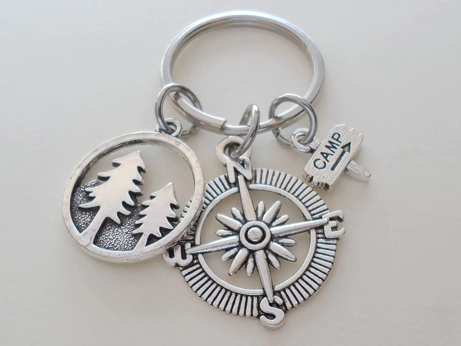 Camping Charm Keychain with Mountain & Pine Tree Scene Charm, Compass Charm & Camp Sign Charm
