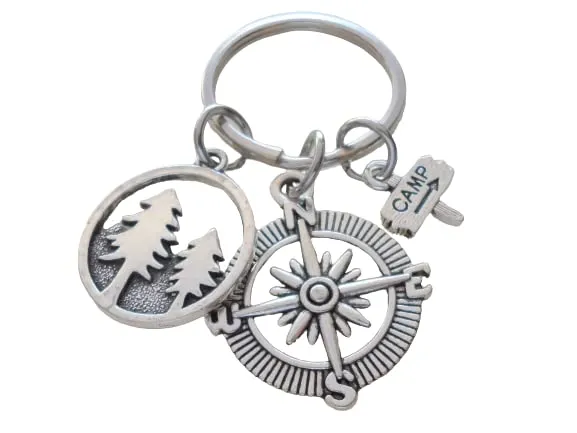 Camping Charm Keychain with Mountain & Pine Tree Scene Charm, Compass Charm & Camp Sign Charm