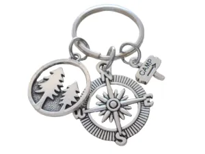 Camping Charm Keychain with Mountain & Pine Tree Scene Charm, Compass Charm & Camp Sign Charm
