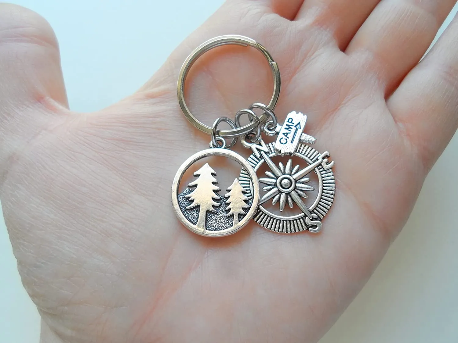 Camping Charm Keychain with Mountain & Pine Tree Scene Charm, Compass Charm & Camp Sign Charm