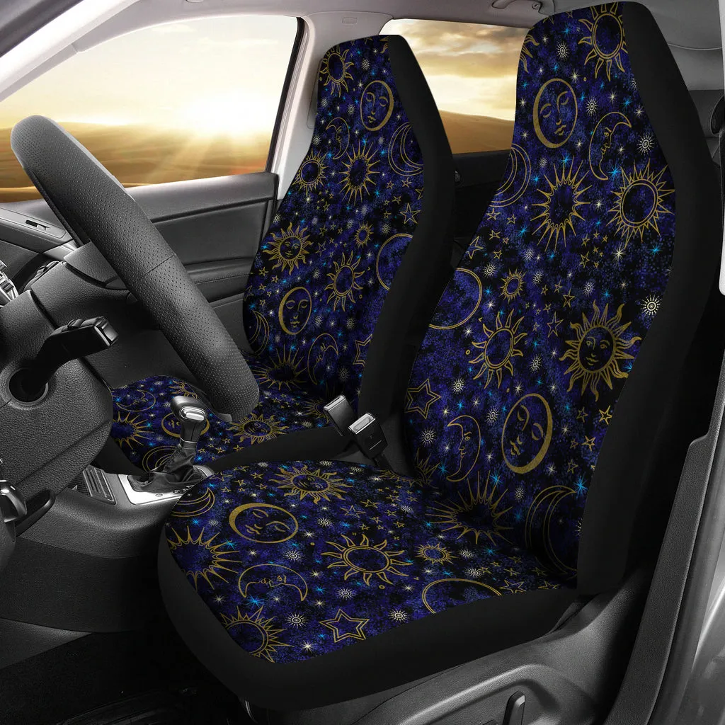 Celestial Night Sky  Black Blue Gold Suns Moons Stars Car Seat Covers