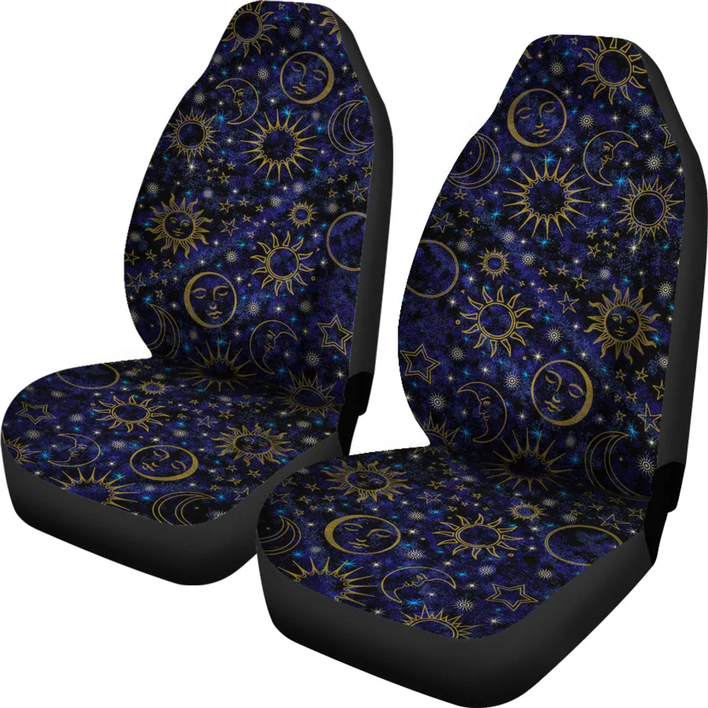 Celestial Night Sky  Black Blue Gold Suns Moons Stars Car Seat Covers