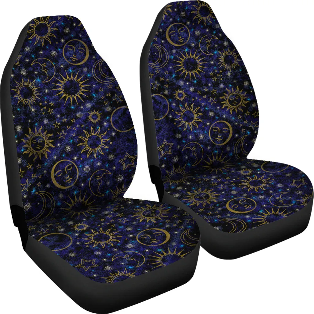 Celestial Night Sky  Black Blue Gold Suns Moons Stars Car Seat Covers
