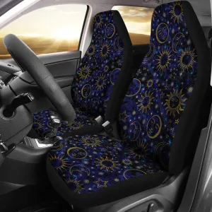 Celestial Night Sky  Black Blue Gold Suns Moons Stars Car Seat Covers