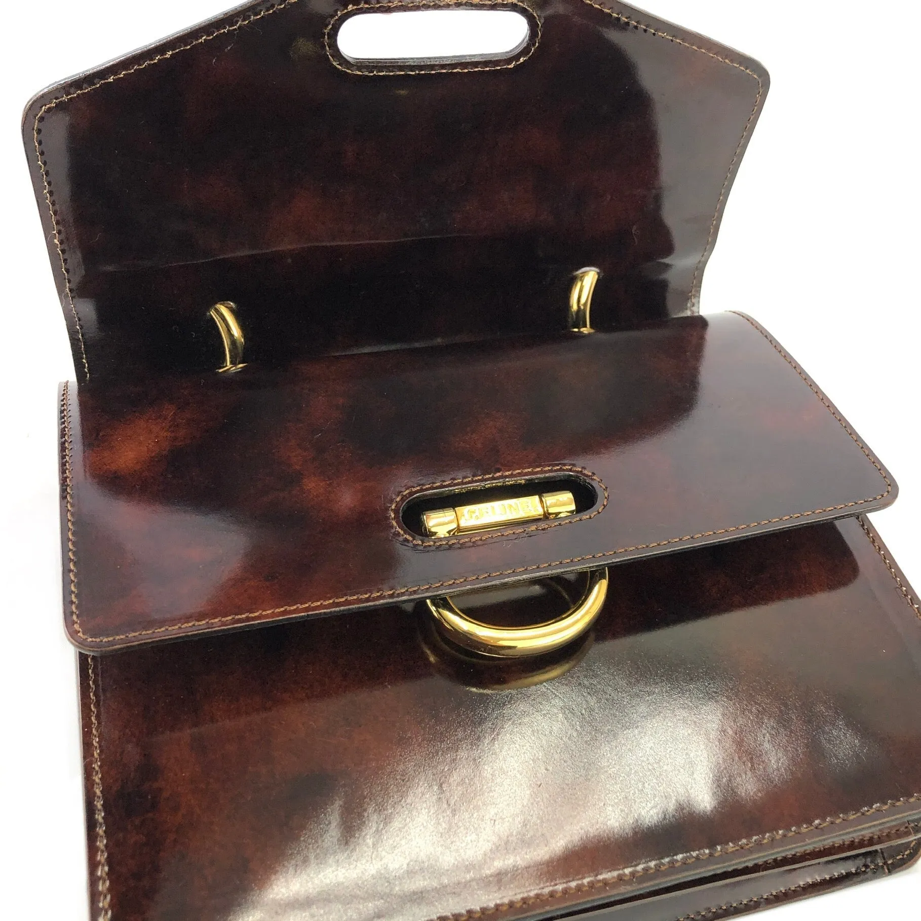 CELINE Gancini Double flap Tortoiseshell patent leather Handbag Brown Vintage OldCELINE pb5ea5
