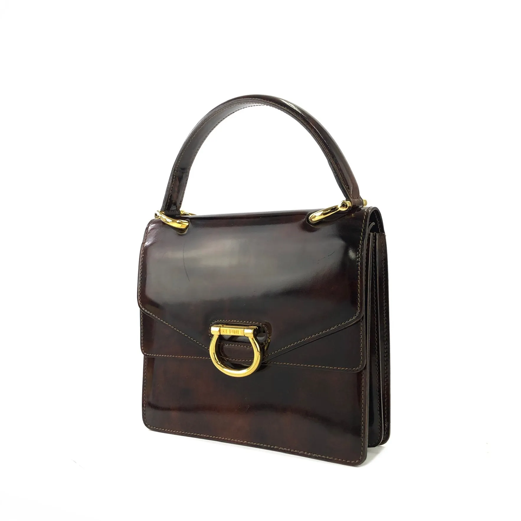 CELINE Gancini Double flap Tortoiseshell patent leather Handbag Brown Vintage OldCELINE pb5ea5