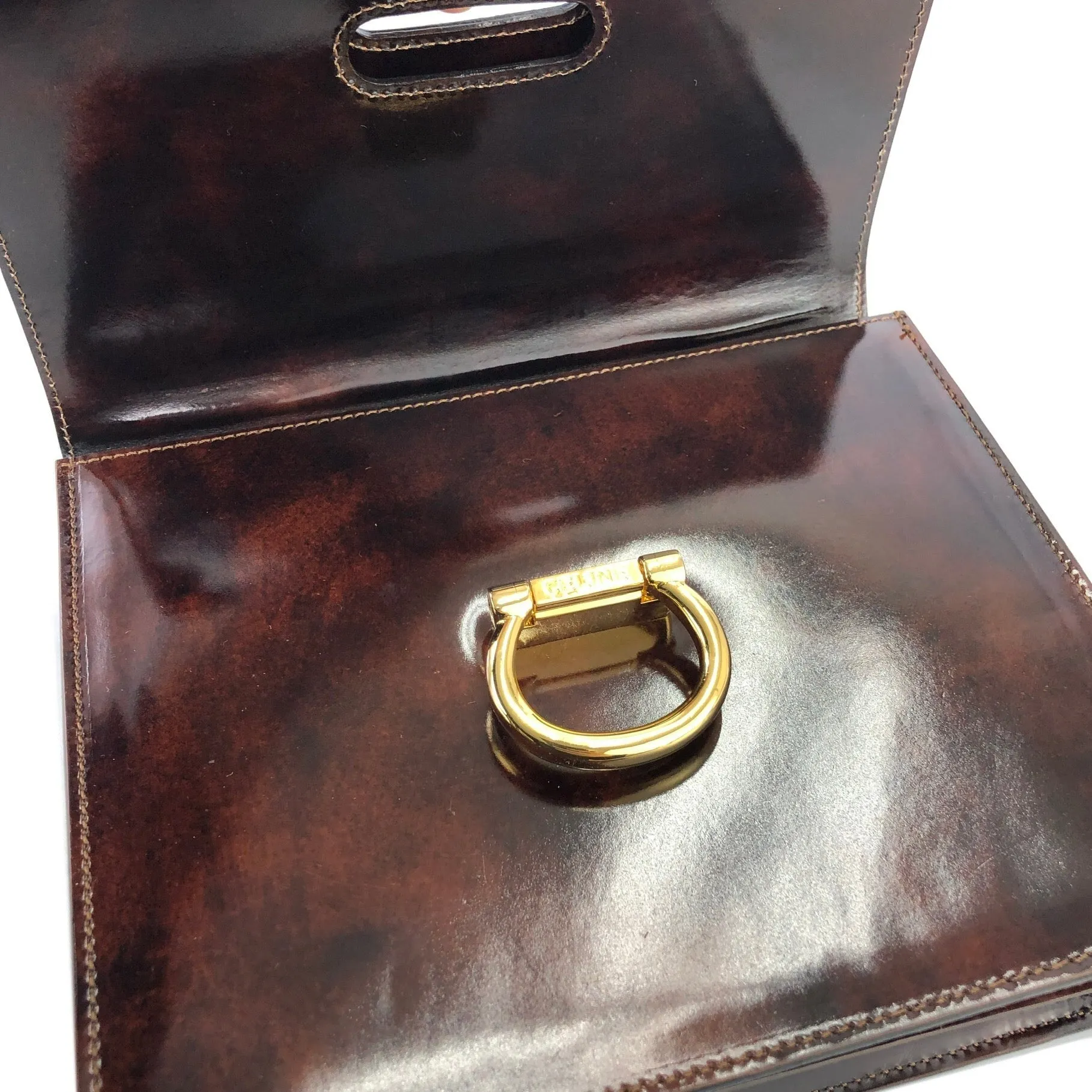CELINE Gancini Double flap Tortoiseshell patent leather Handbag Brown Vintage OldCELINE pb5ea5