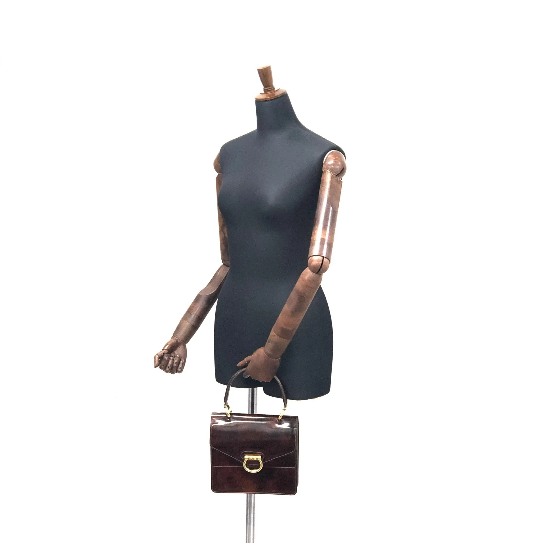 CELINE Gancini Double flap Tortoiseshell patent leather Handbag Brown Vintage OldCELINE pb5ea5